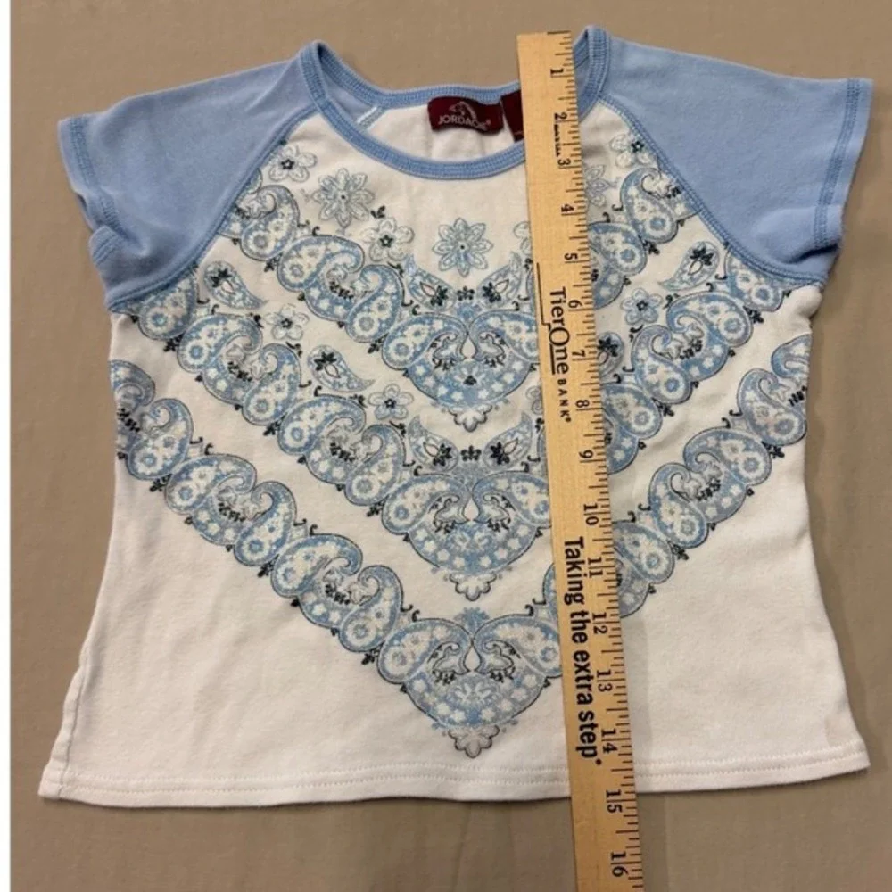 Jordache Girls 7 8 Vintage Y2K White Blue‎ Paisley Print Raglan Sleeve Womens XS